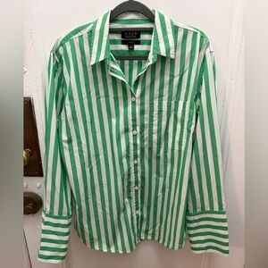 J. Crew Green and White Striped Casual Shirt